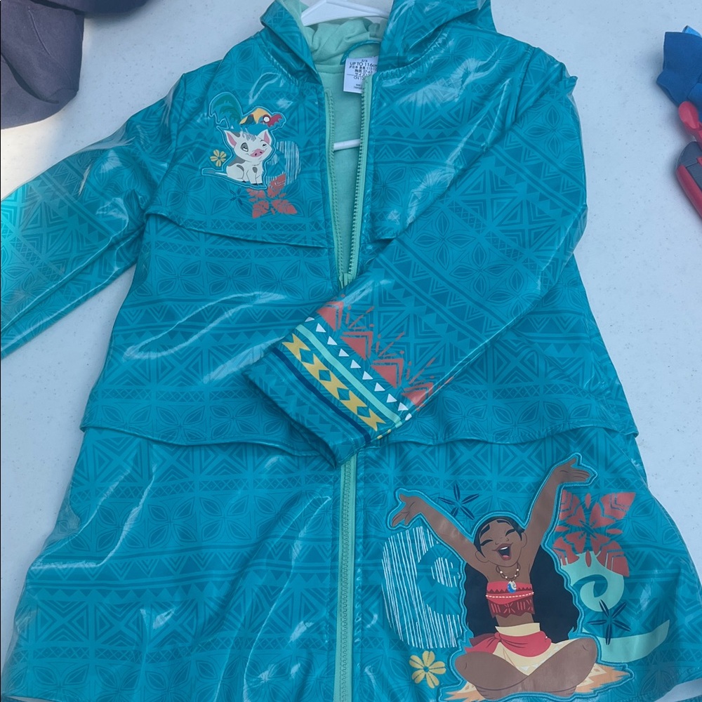Disney Moana rain coat! Teal Hooded Jacket with Cartoon Characters